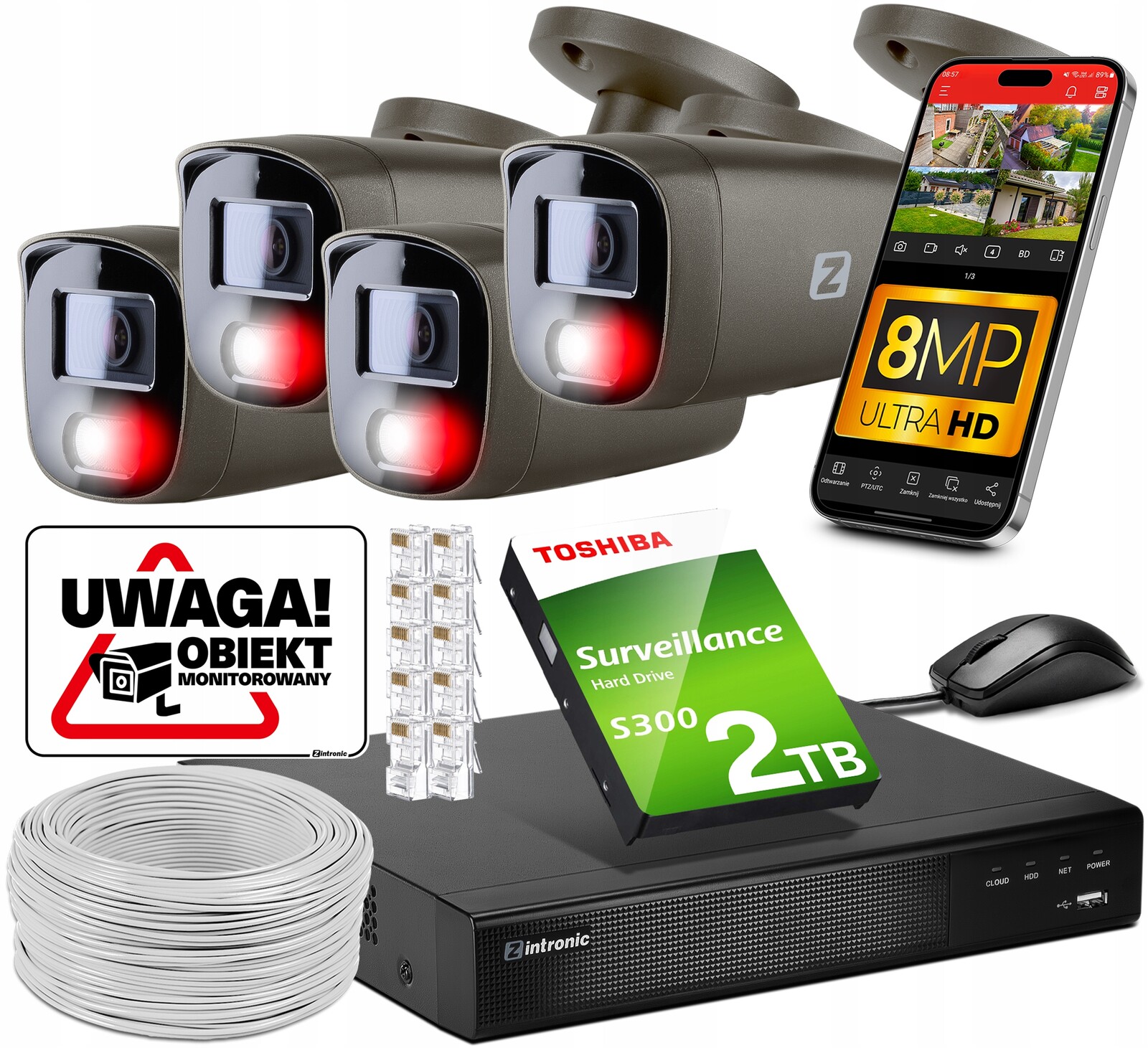 Sada Monitoring 4 kamer Poe 4K Ultra Hd 8Mpx Šedá 2TB