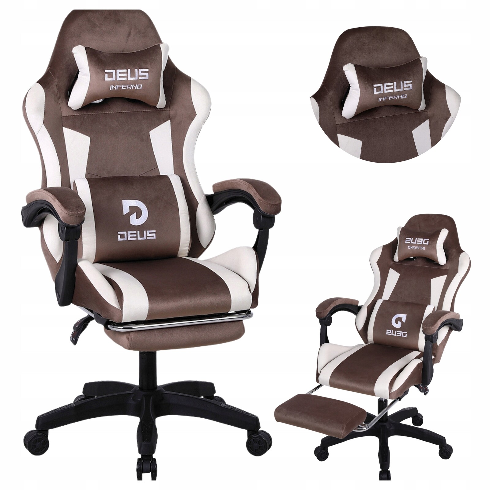 Herní křeslo s výsuvnou podnožkou, rozkládací, pohodlné, hnědo-bílé