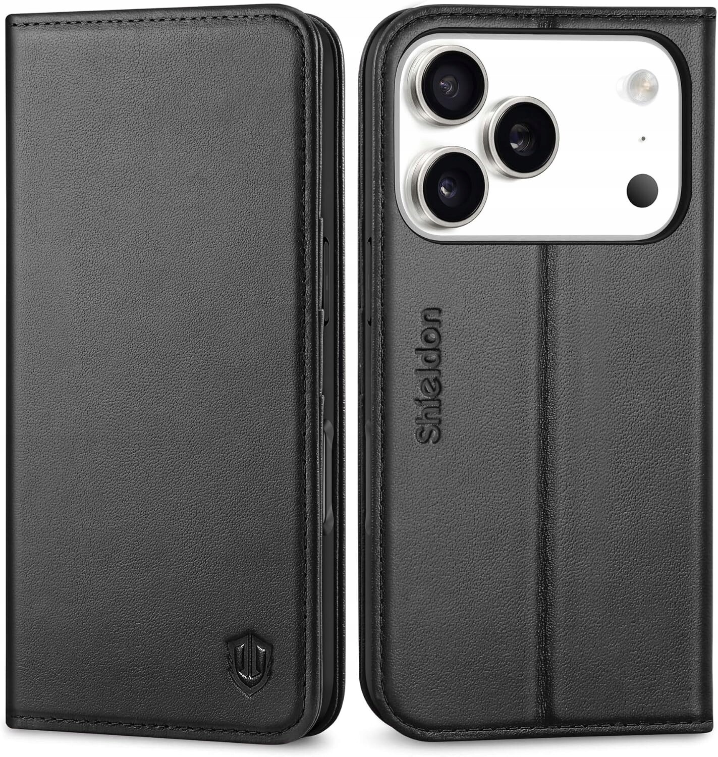 Flipové pouzdro Shieldon Pravá Kůže pro Apple iPhone 17 Pro Max, černé