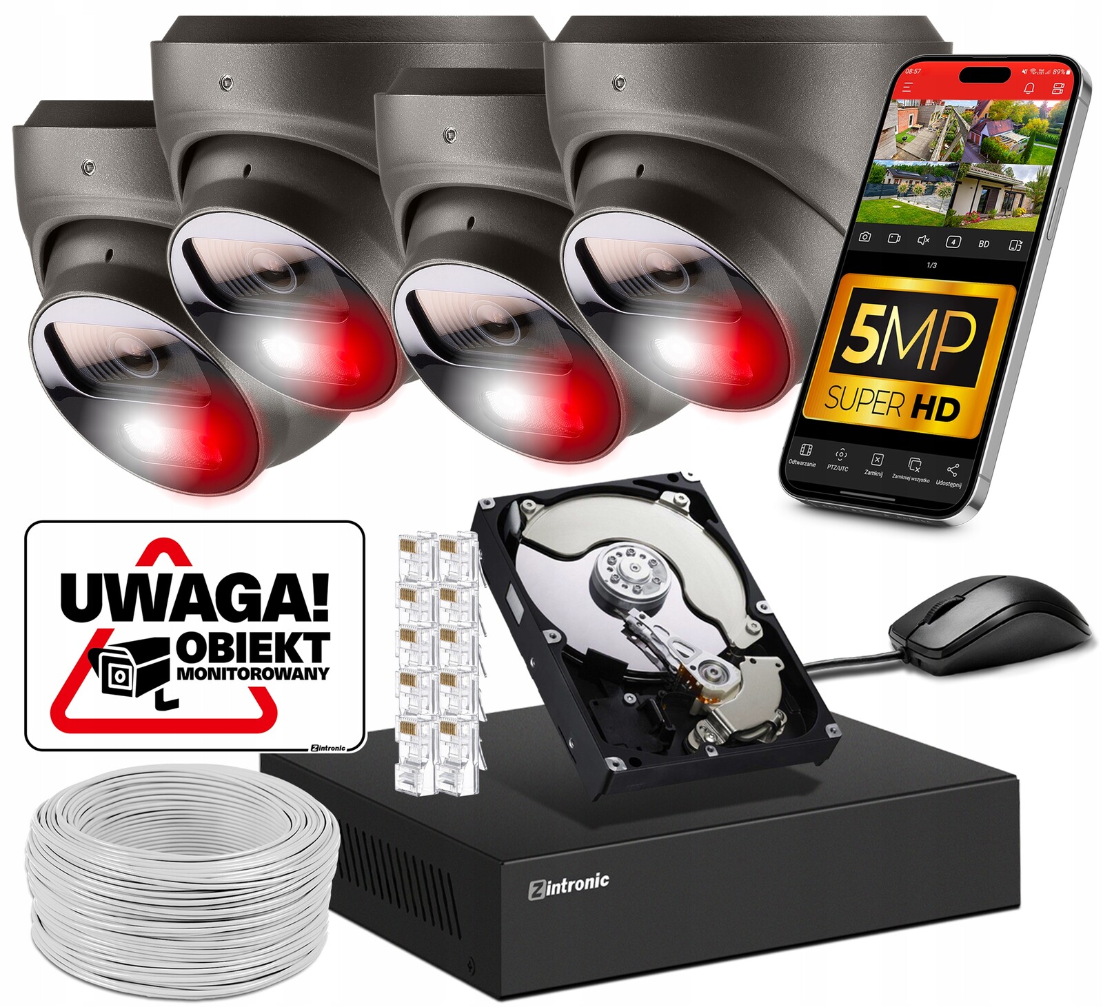 Sada kamer pro Ip PoE Monitorování 4 Kamery 5MPx Šedá Audio Detekce 1TB