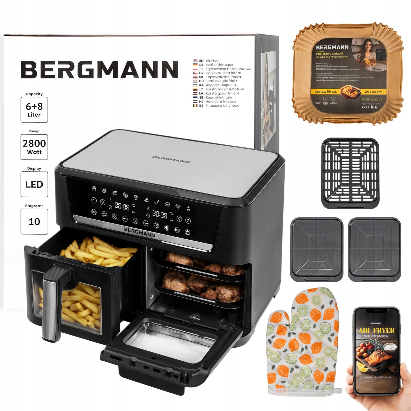 Dvoukomorová beztuková fritéza 14L Air Fryer Bergmann 10 Programů