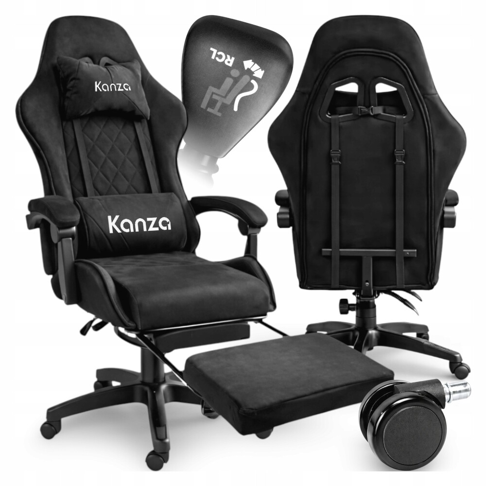 Otočná Herní Židle Černá Semišová S Kancelářskou Podnožkou, Nastavitelná