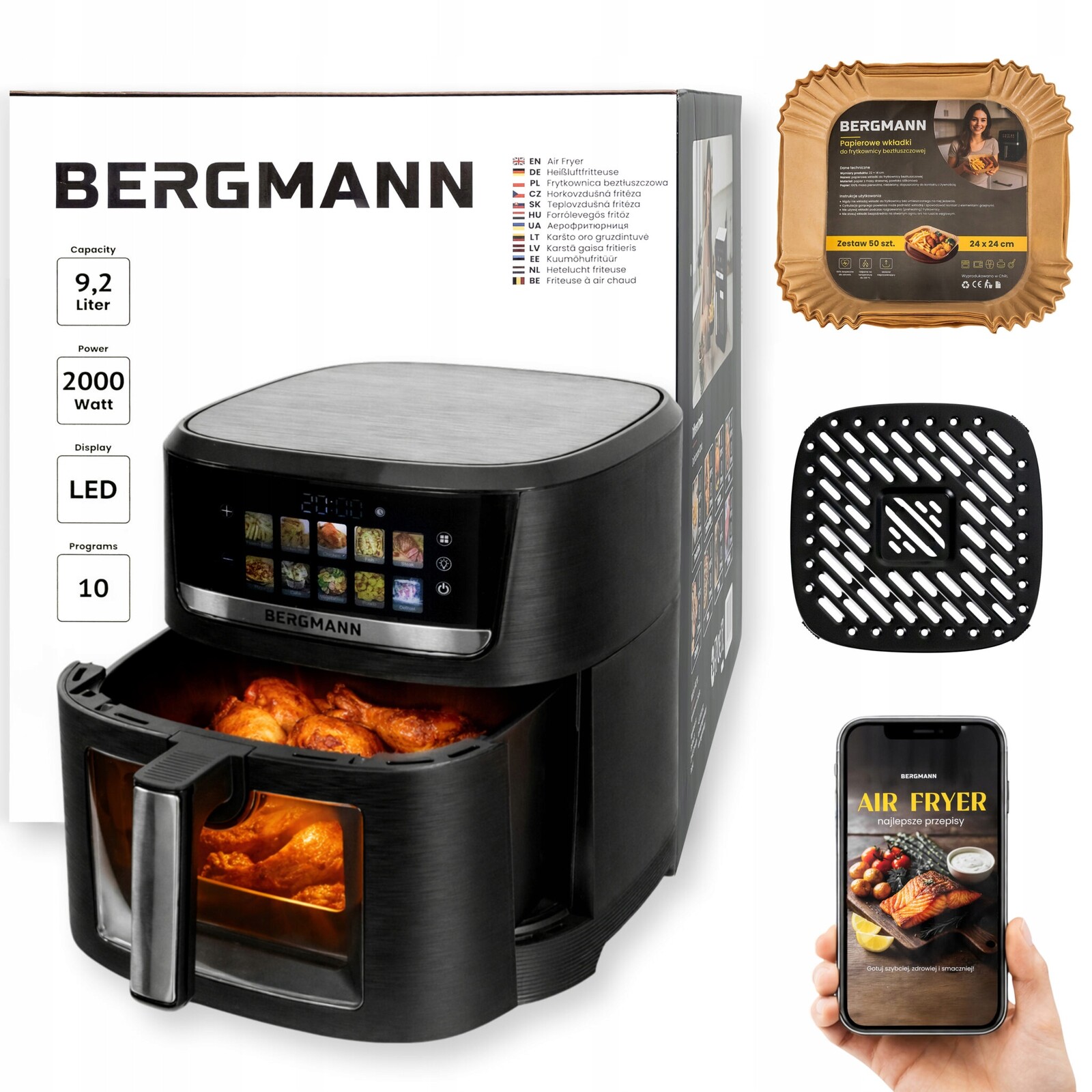 Fritéza bez tuku 9,2L Air Fryer Bergmann 2000W 10 Programů