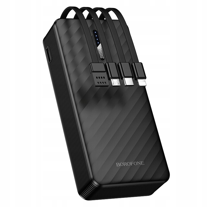 PowerBank 20000 mAh Usb s kabely Usb, Typ C, Lightning a Micro Usb, černá
