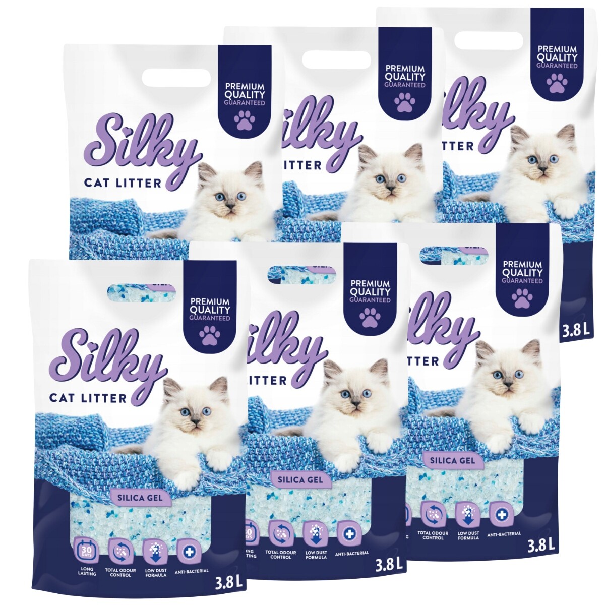 Silikonové stelivo pro kočky Silky 3,8 l, sada 6 ks