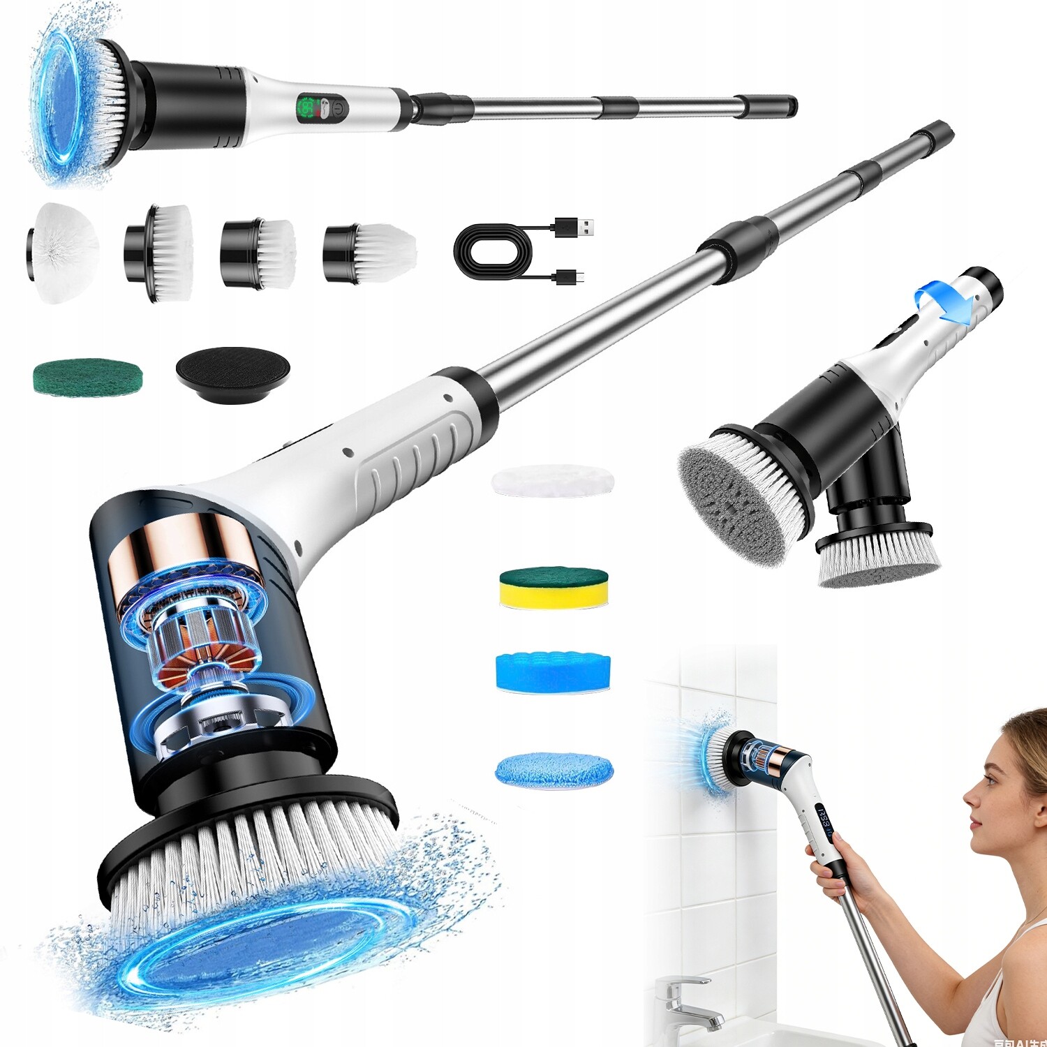 9V1 Rotační Elektrický Kartáč Na Čištění S 2 Rychlostmi 2000 mAh