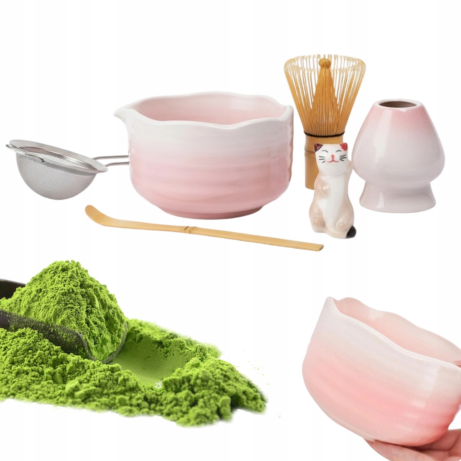 Sada Matcha Růžovo-bílá S Bambusovou Šlehací Metlou A Kraftovou Krabičkou