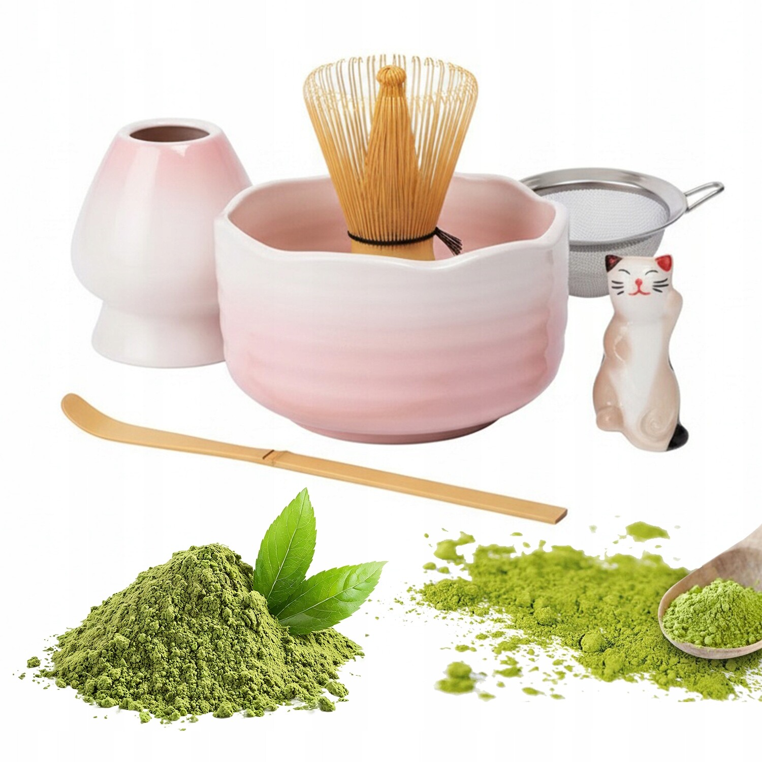 Růžová Sada Pro Přípravu Matchy S Miskou Ve Tvaru Kočky