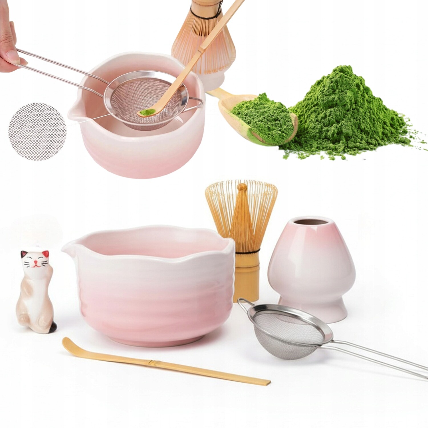 Kompletní Sada Matcha Růžovo-bílá S Bambusovou Metličkou A Stojanem