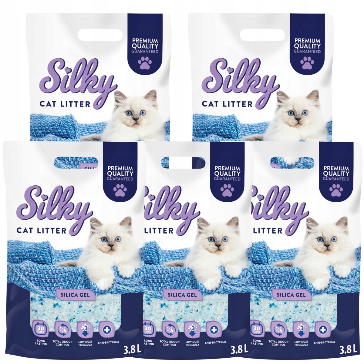 Silikonové stelivo pro kočky Silky 3,8 l, sada 5 ks