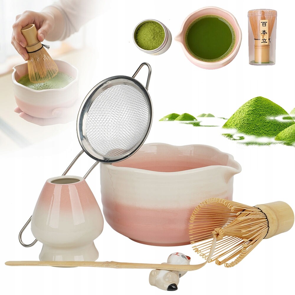 Sada Na Matchu 6 Dílů Růžová Keramická Miska Bambusová Šlehací Metla