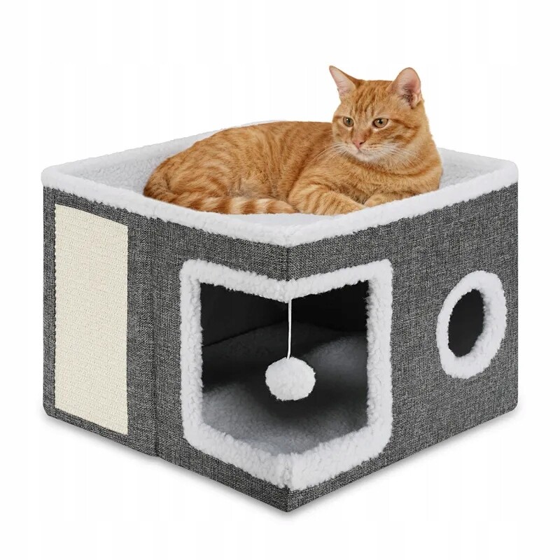 Domeček Pro Kočky 2v1 Pelíšek Skládací Budka Domeček Škrabadlo Šedý