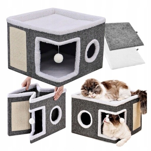 Domeček Pro Kočky Pelíšek Skládací Budka 2V1 Se Škrabadlem A Hračkou 42X42