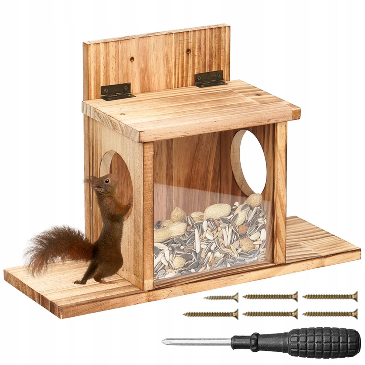 Borovicové Krmítko S Průhlednou Plochou Pro Veverky S Otvory