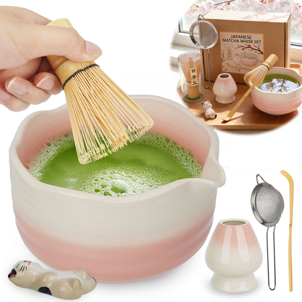 Růžová Sada Na Matchu 6 Dílů S Kočičím Stojánkem Na Metlu A Lžičku