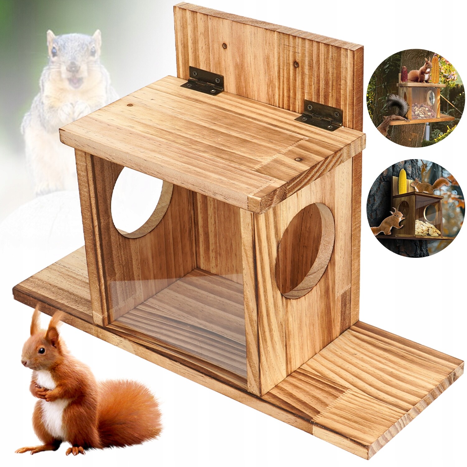 Dřevěné Krmítko Pro Veverky S Podavačem Je Odolné Vůči Podmínkám Pro Zahradu