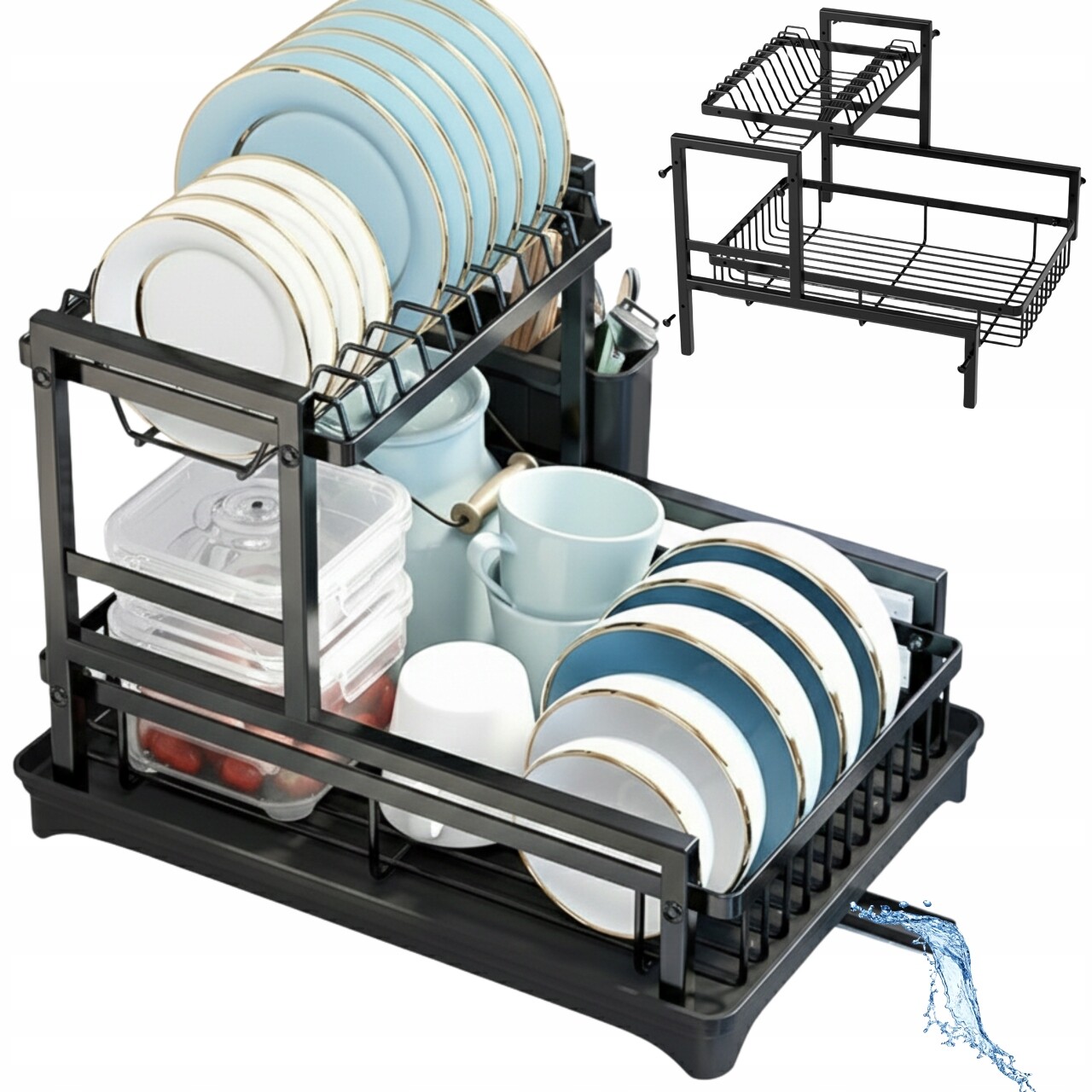 odkapávač na nádobí Dvouúrovňová Černá Odkapávač Stojanový organizér s odtokem