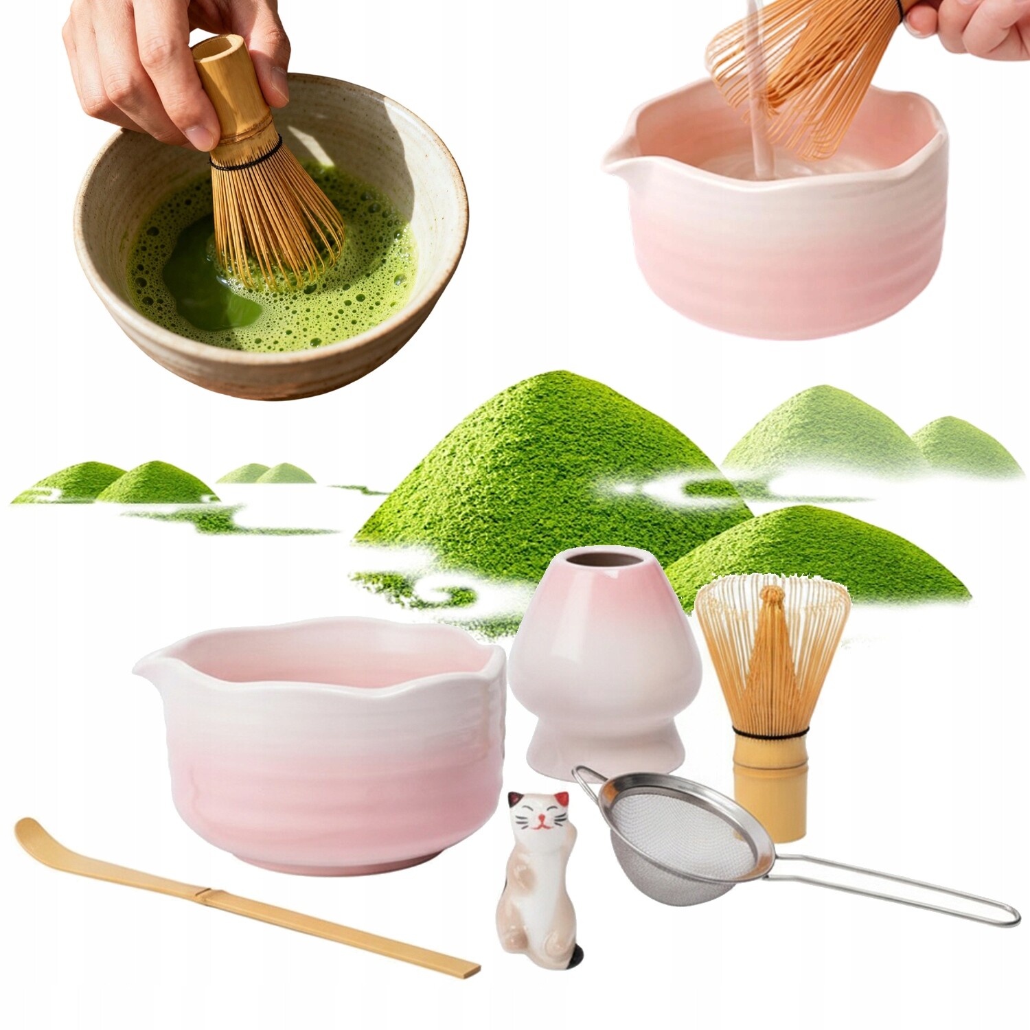 Sada Nástrojů Matcha Keramická Růžová S Lžící A Ocelovým Sítkem