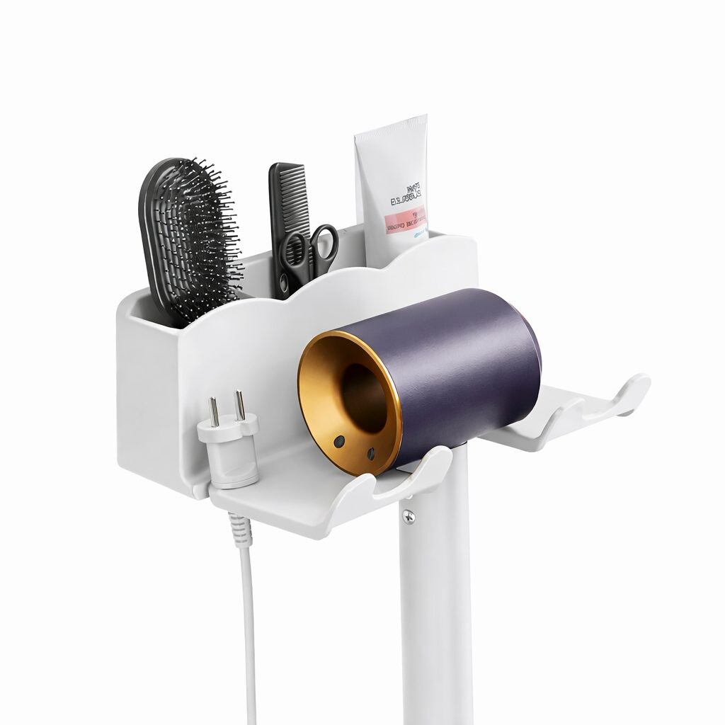 Samolepicí nástěnný držák na fén s organizérem - Bílý