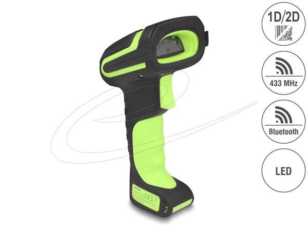 Delock Průmyslová čtečka čárových kódů 1D a 2D pro 433 MHz nebo Bluetooth s indukční nabíjecí stanicí, čtení až do 6,5 m