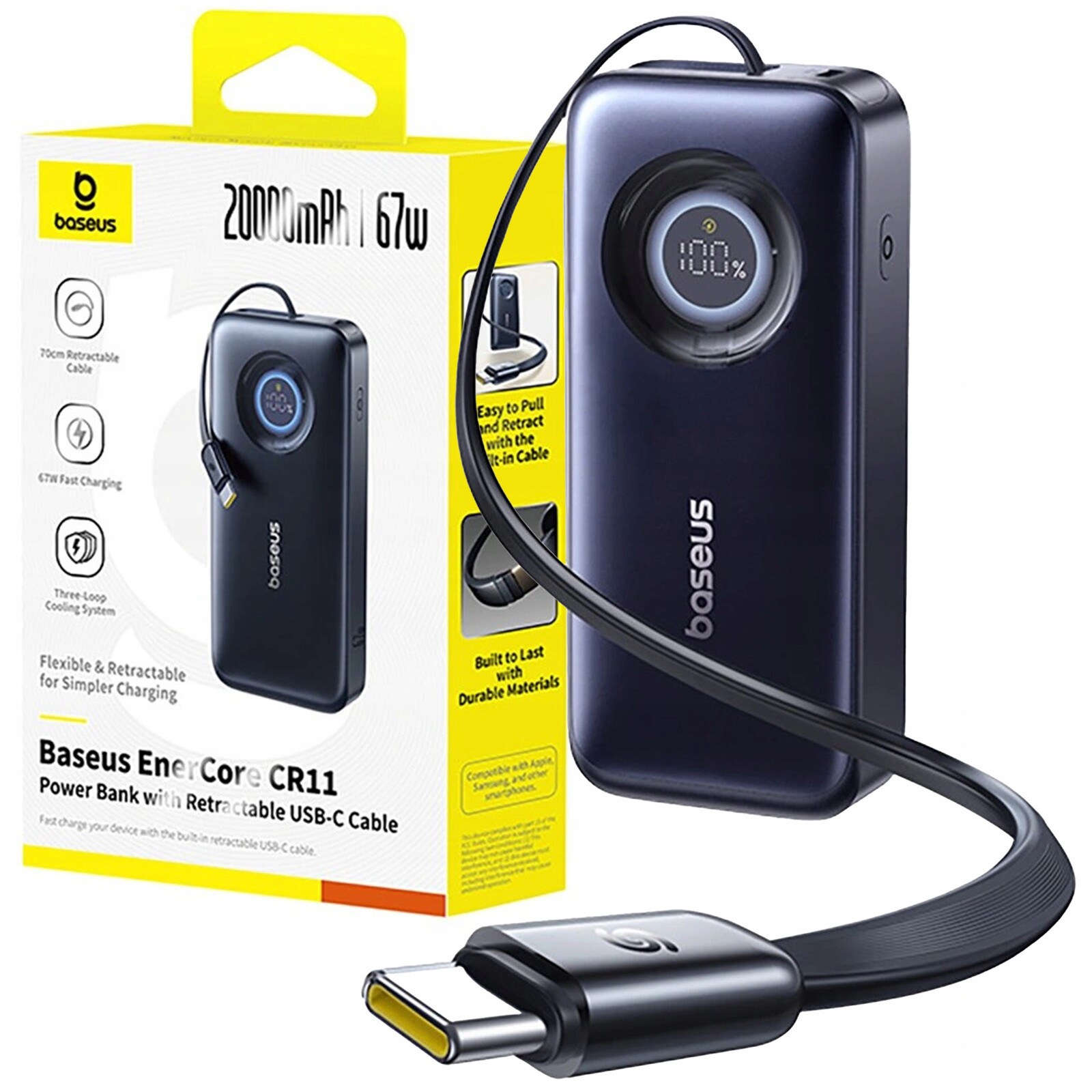 Rychlá Powerbanka Baseus 20000 mAh 67W Usb-c S Navíjecím Kabelem Usb Typ C