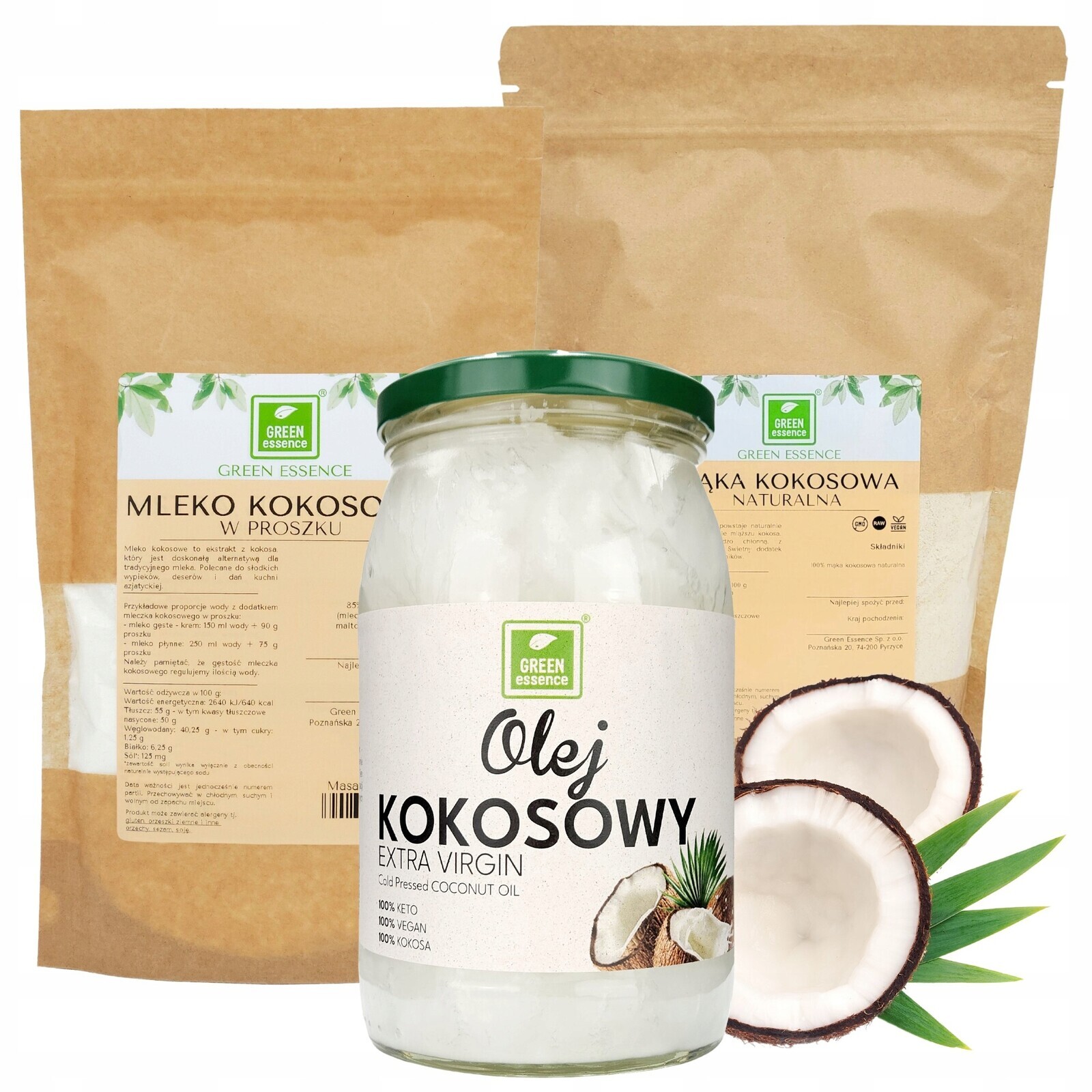 Kokosová mouka 1 kg Kokosový olej Extra 900 ml a Kokosové mléko prášek 250 g