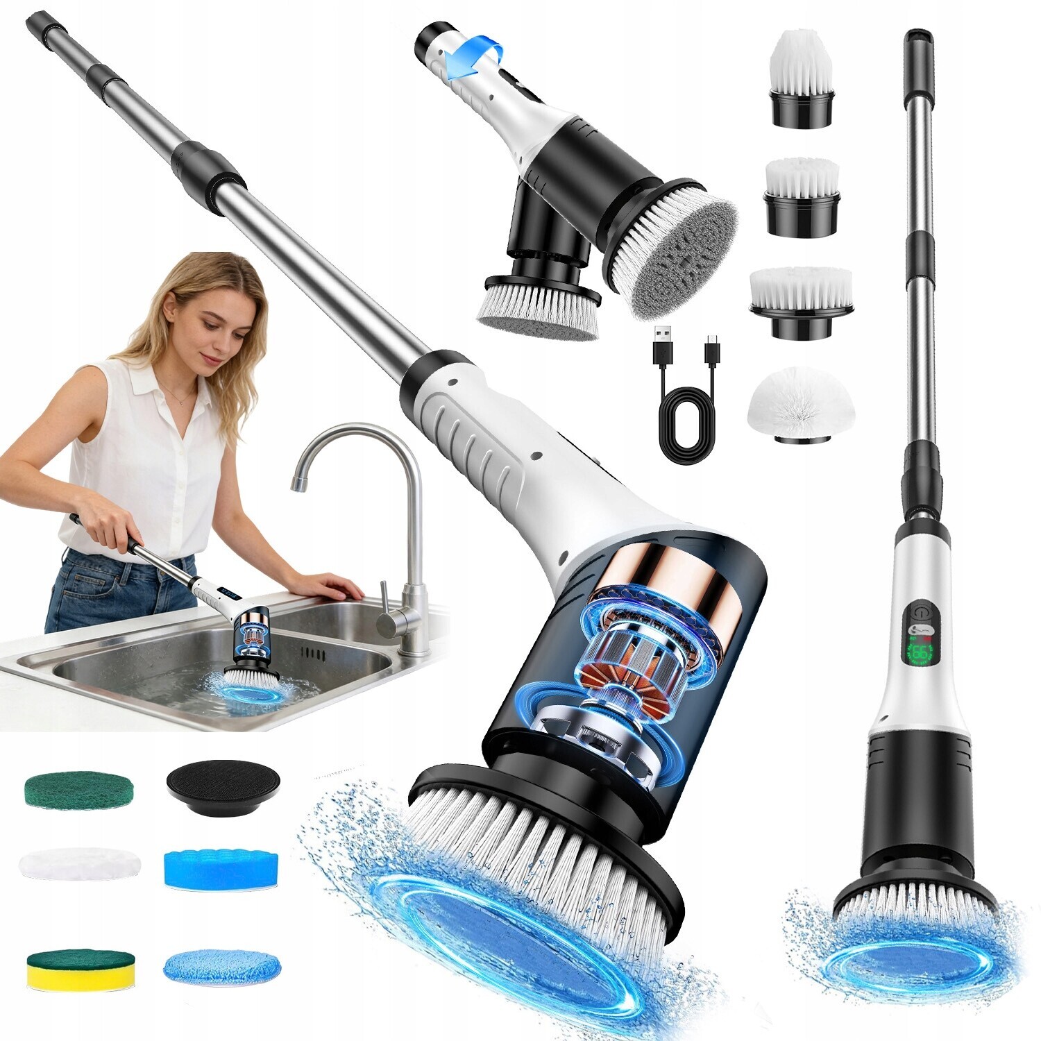 Regulovatelný Rotační Mop Elektrický Kartáč Sada 9 Pro Koupelnu/dlaždice