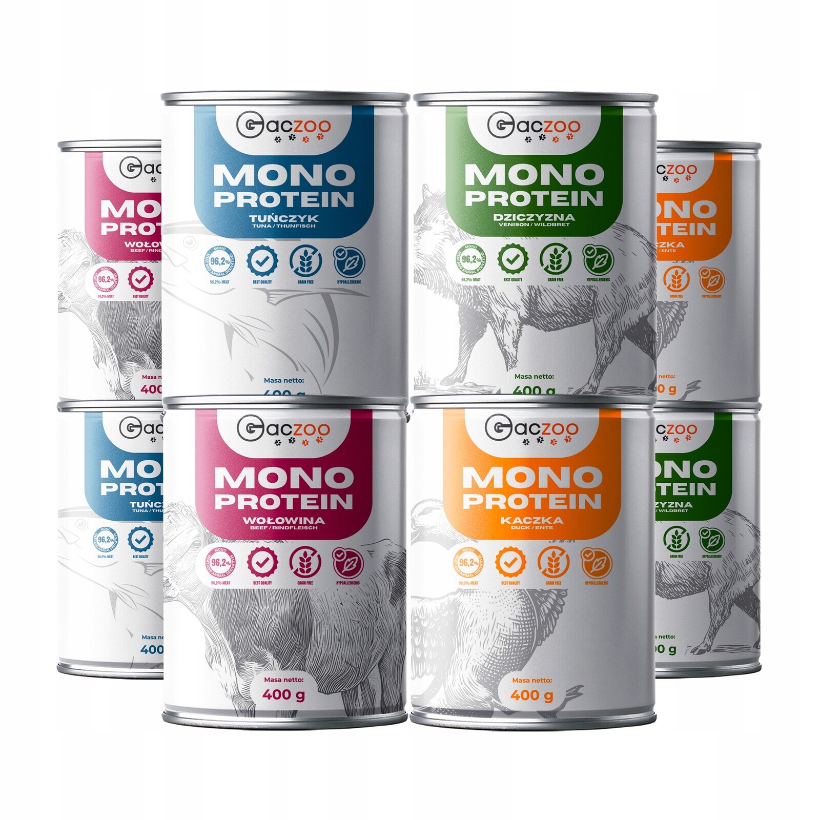 Krmivo mokré pro psa Gaczoo Mono Protein Mix chutí 8 x 400 g, hypoalergenní