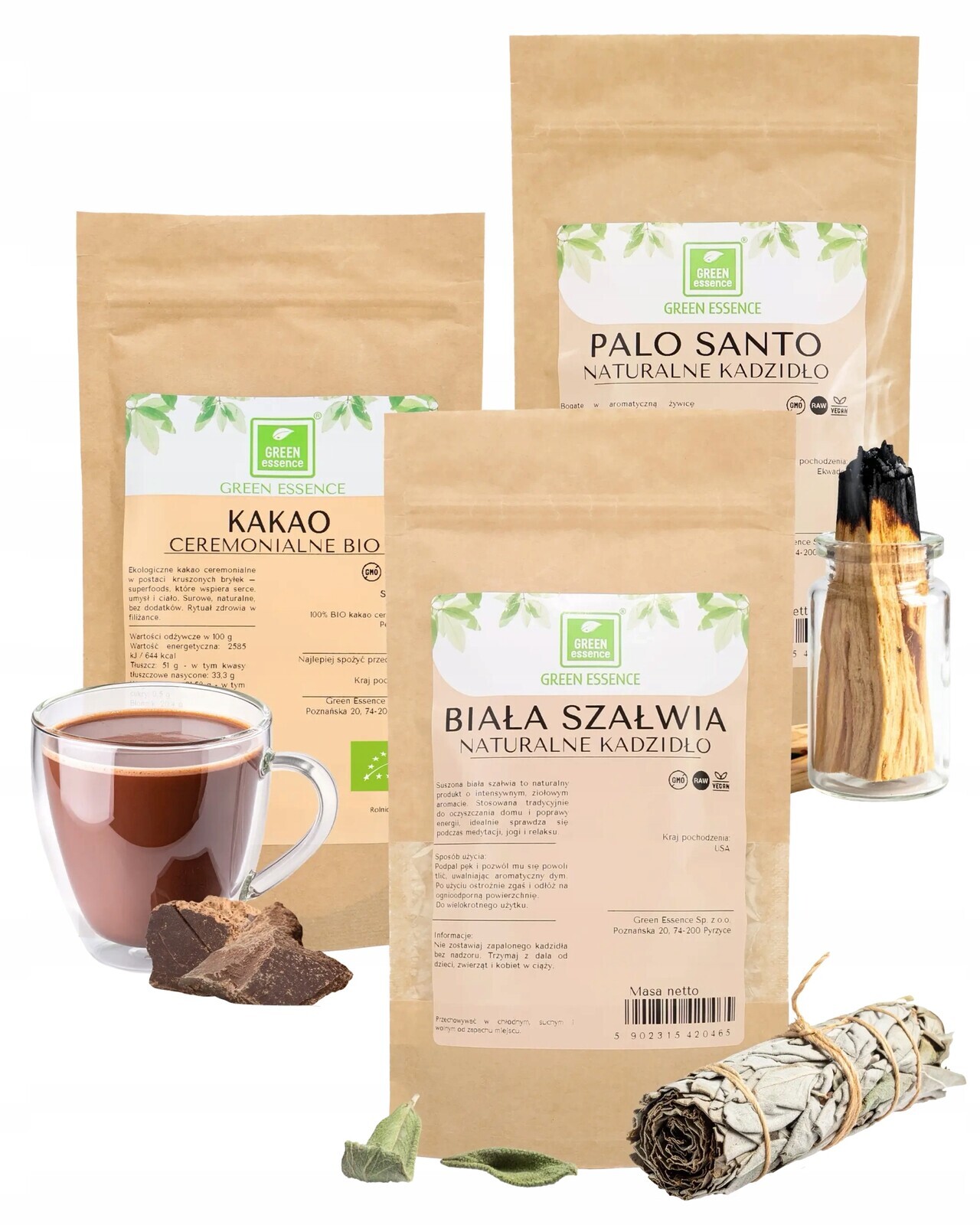 Kakao Šalvěj Palo Santo Set bílé přírodní kadidlo pro relaxační rituály