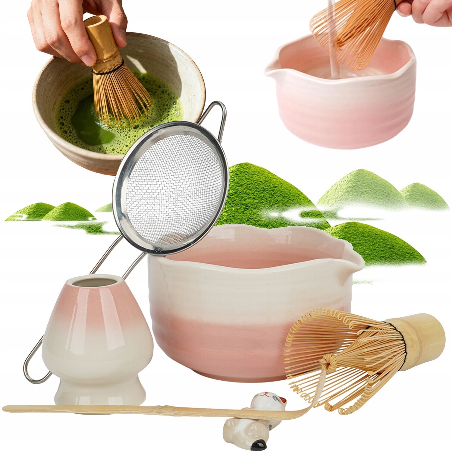 Keramická Sada Na Matchu 6 Kusů Růžová S Příslušenstvím A Kočičím Úchytem