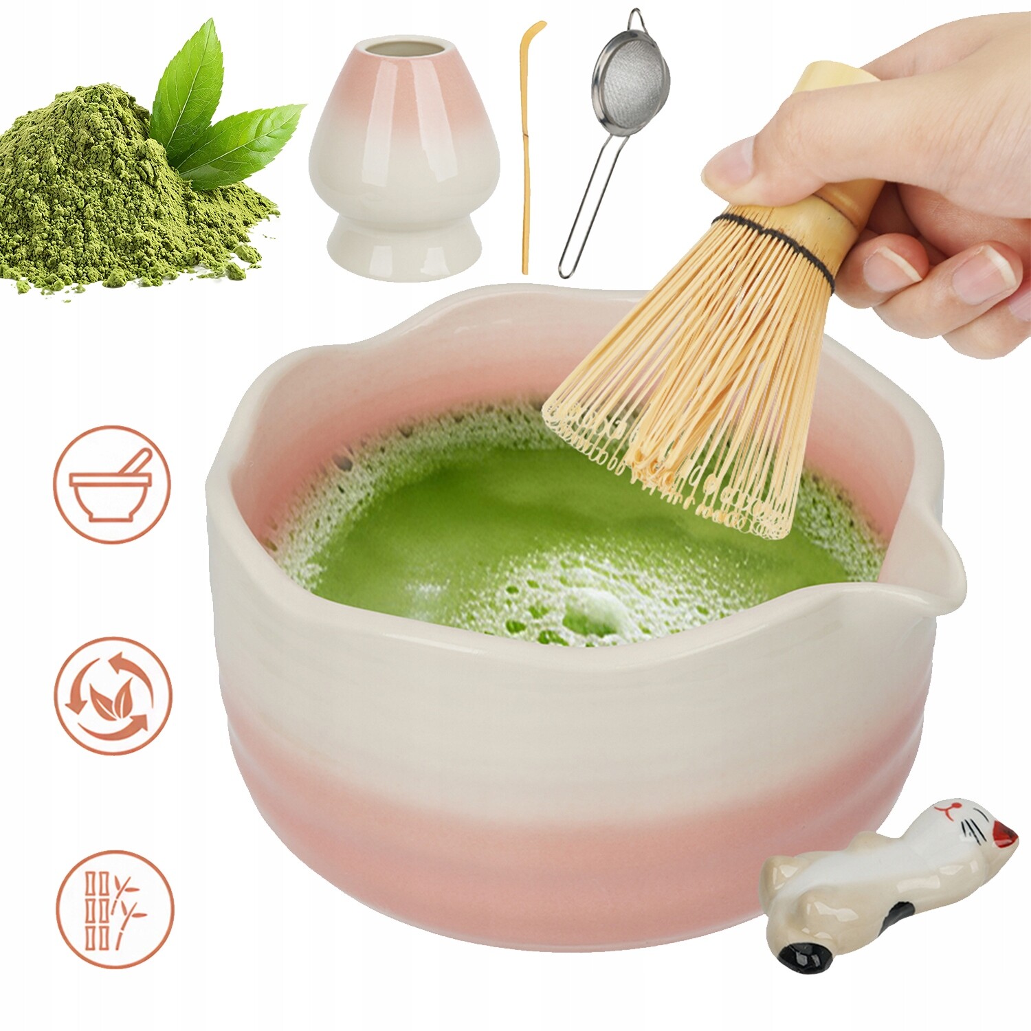 Sada Na Čaj Matcha 6 Ks Růžová S Miskou A Kočičím Držákem Na Lžičku