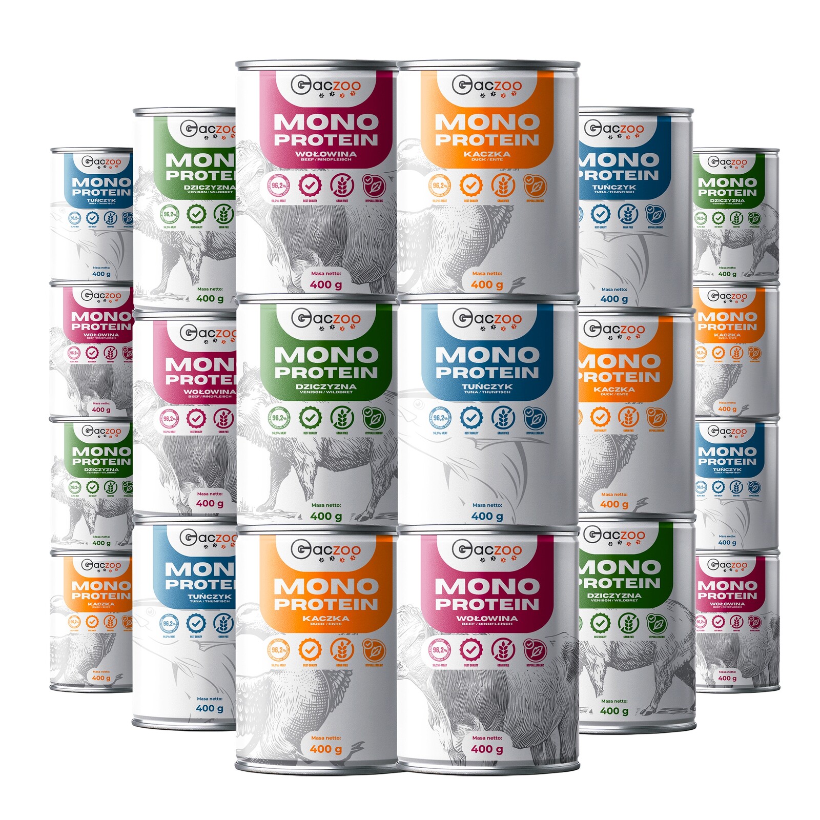 Krmivo pro psy Gaczoo Mono Protein Mix chutí 20 x 400 g, hypoalergenní