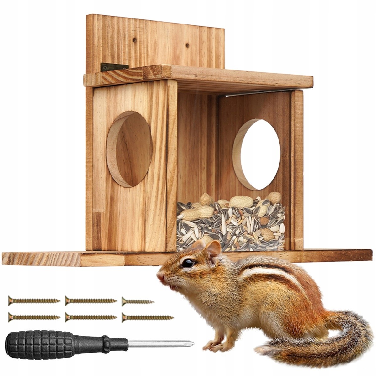 Dřevěné Krmítko Pro Veverky S Průhledným Oknem A Uhlíkovou Barvou