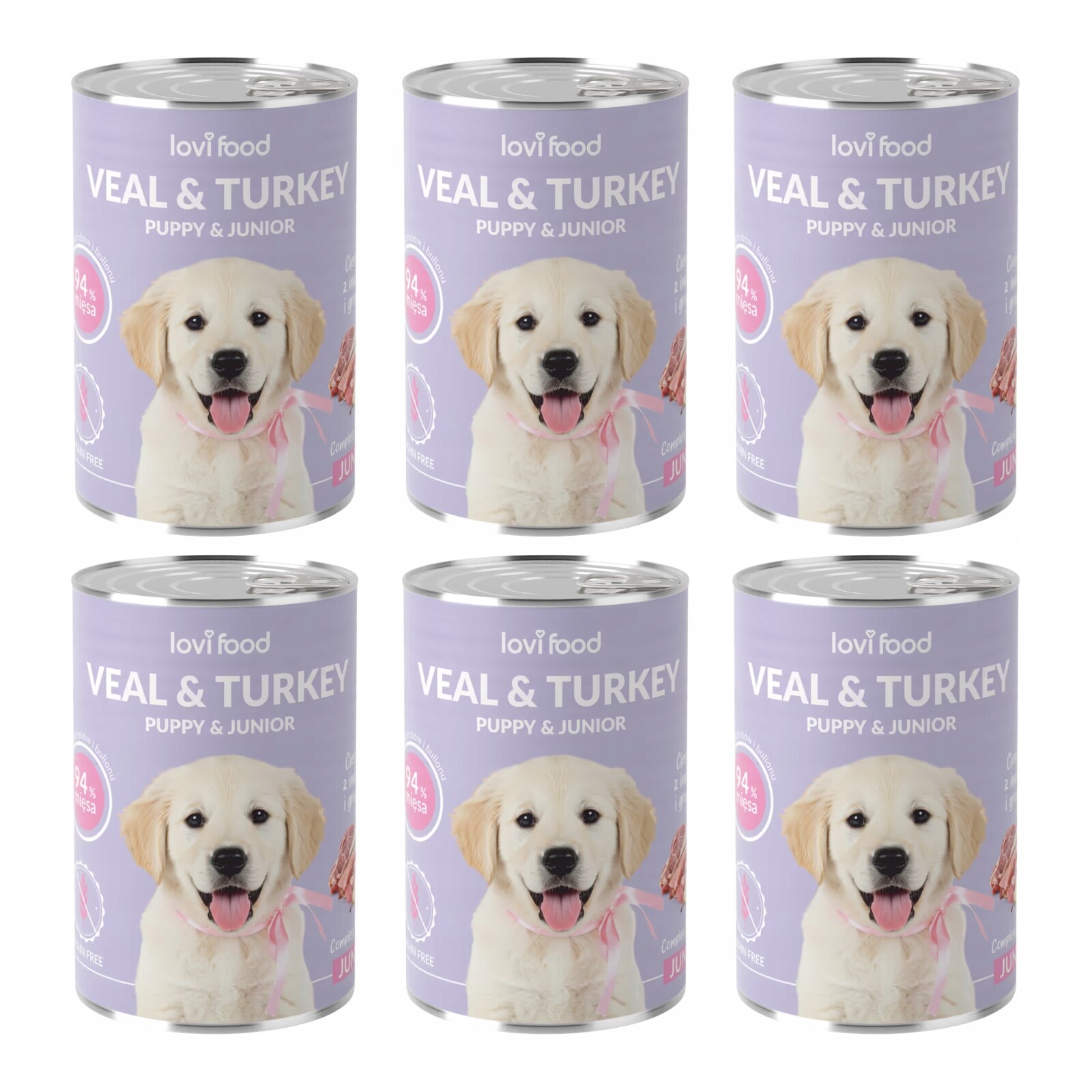 Lovi Food Vlhké krmivo pro štěňata telecí krůta hruška 6x400g Set