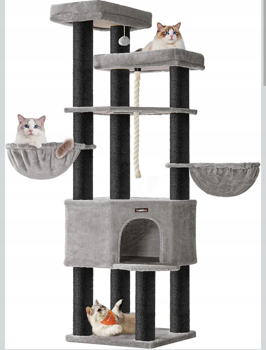 Škrabadlo pro kočky Feandrea 187 cm, víceúrovňové, silné kmeny, šedé