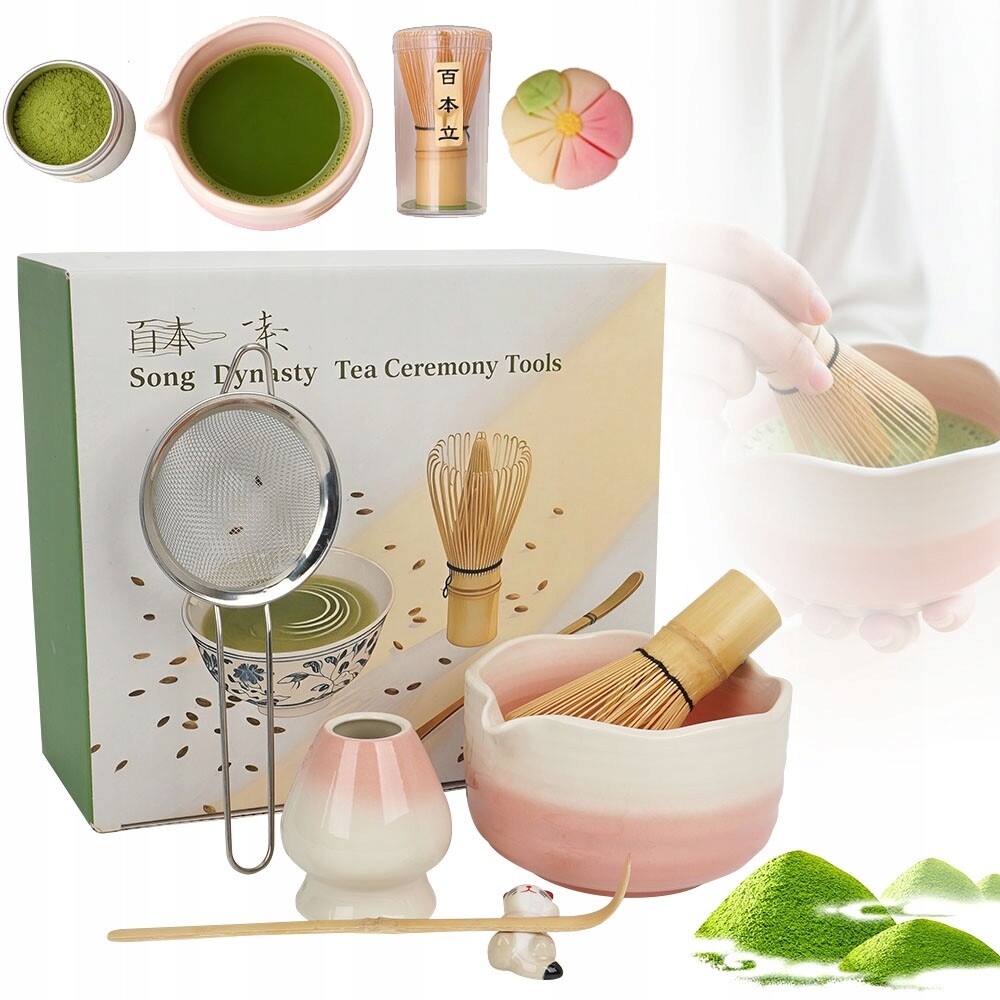 Komplet Pro Přípravu Matchy Keramická Miska Bambusová Metla Sítko