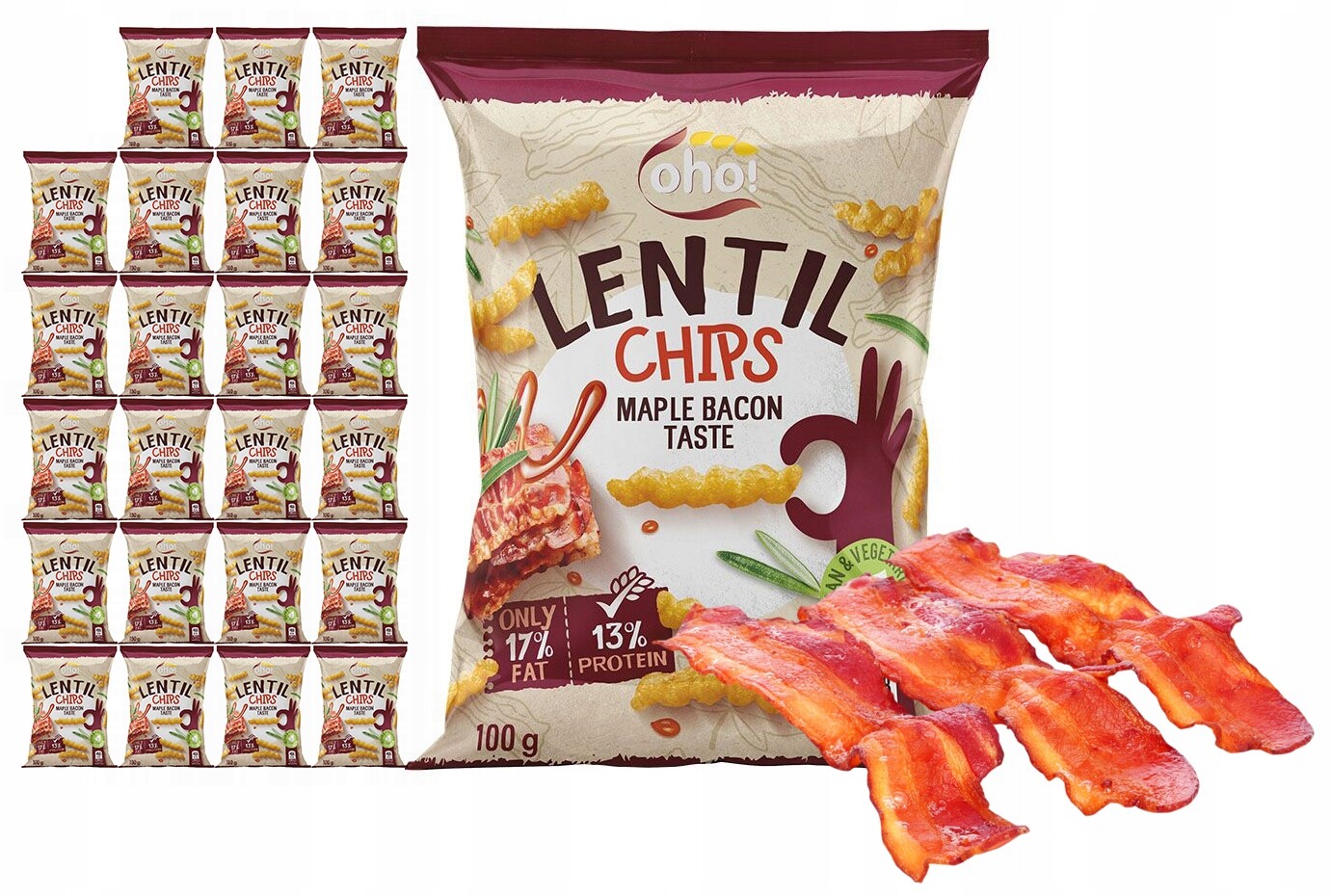 Chipsy Křupky z červené čočky s příchutí Slaniny 100 g Proteiny Oho! x23
