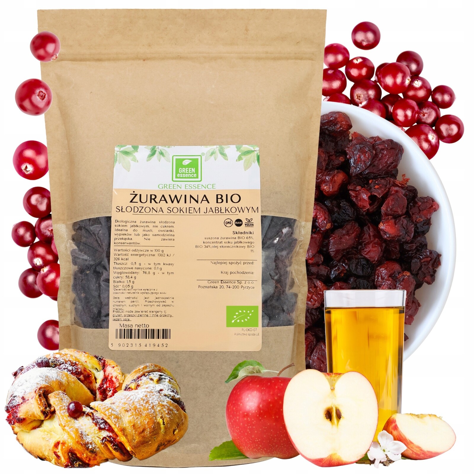 Brusinky Slazená Jablečným Džusem Bio 1 kg bez cukru jako náhrada sladkostí