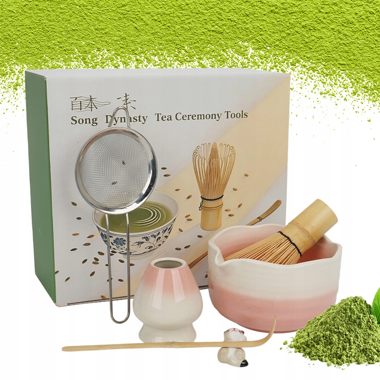 6 Sada Na Matchu Růžová Keramická S Podstavcem A Rukojetí Ve Tvaru Kočky