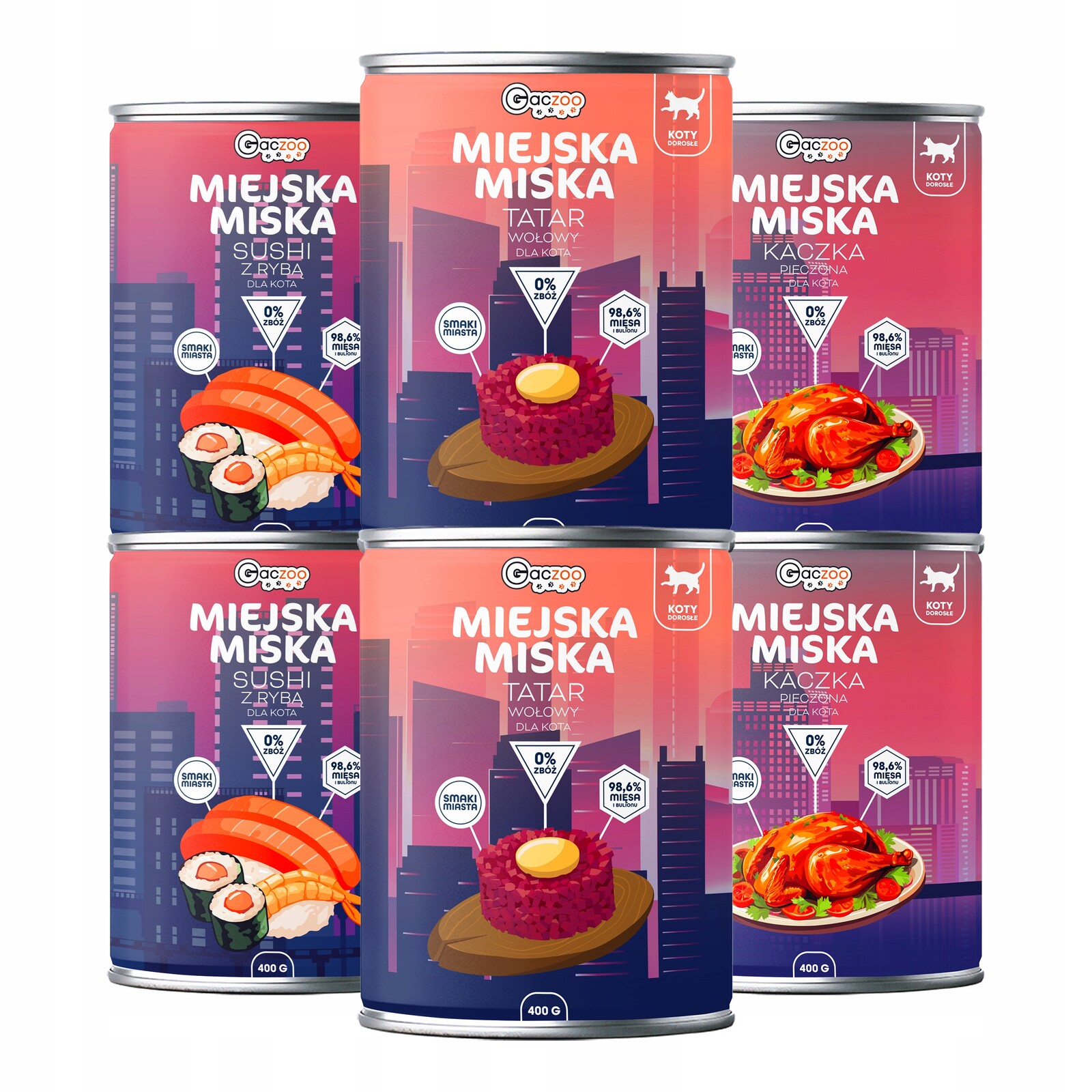 Krmivo mokré pro kočky Městská miska Gaczoo mix chutí 6 x 400 g bez obilovin