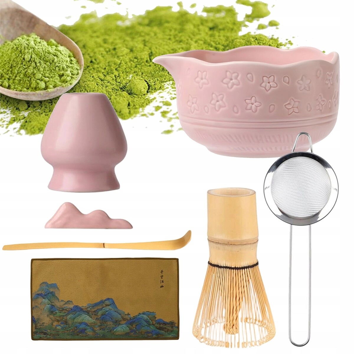Sada na matcha s bambusovou metličkou růžová kompletní s miskou 450 ml