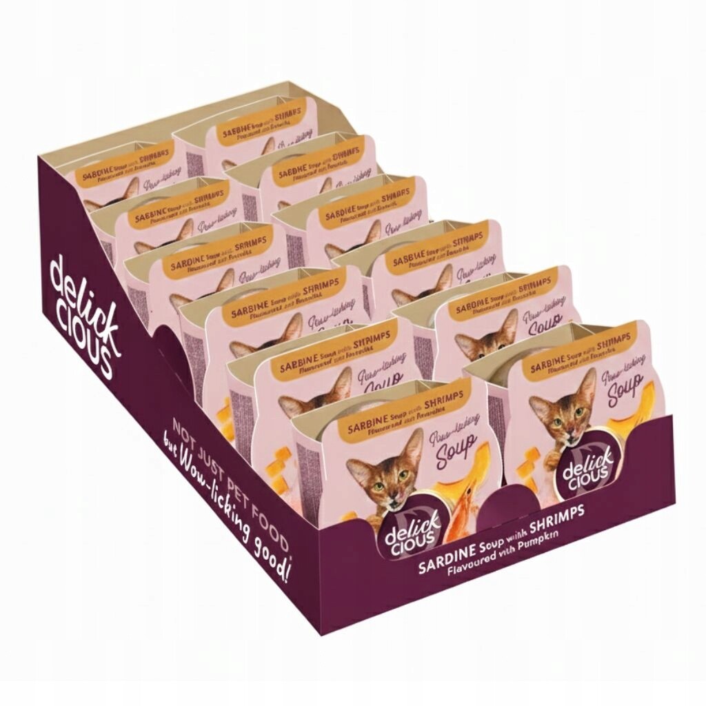 Delickcious Polévka pro dospělé kočky s příchutí sardinek a krevet s dýní, 12 x 80 g