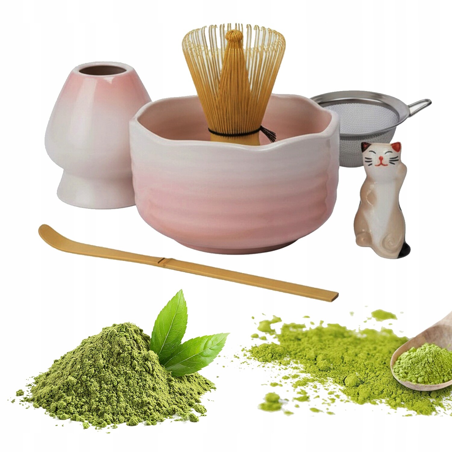 Sada Na Přípravu Čaje Matchy 6 El Růžová Keramika S Úchytem Pro Kočky