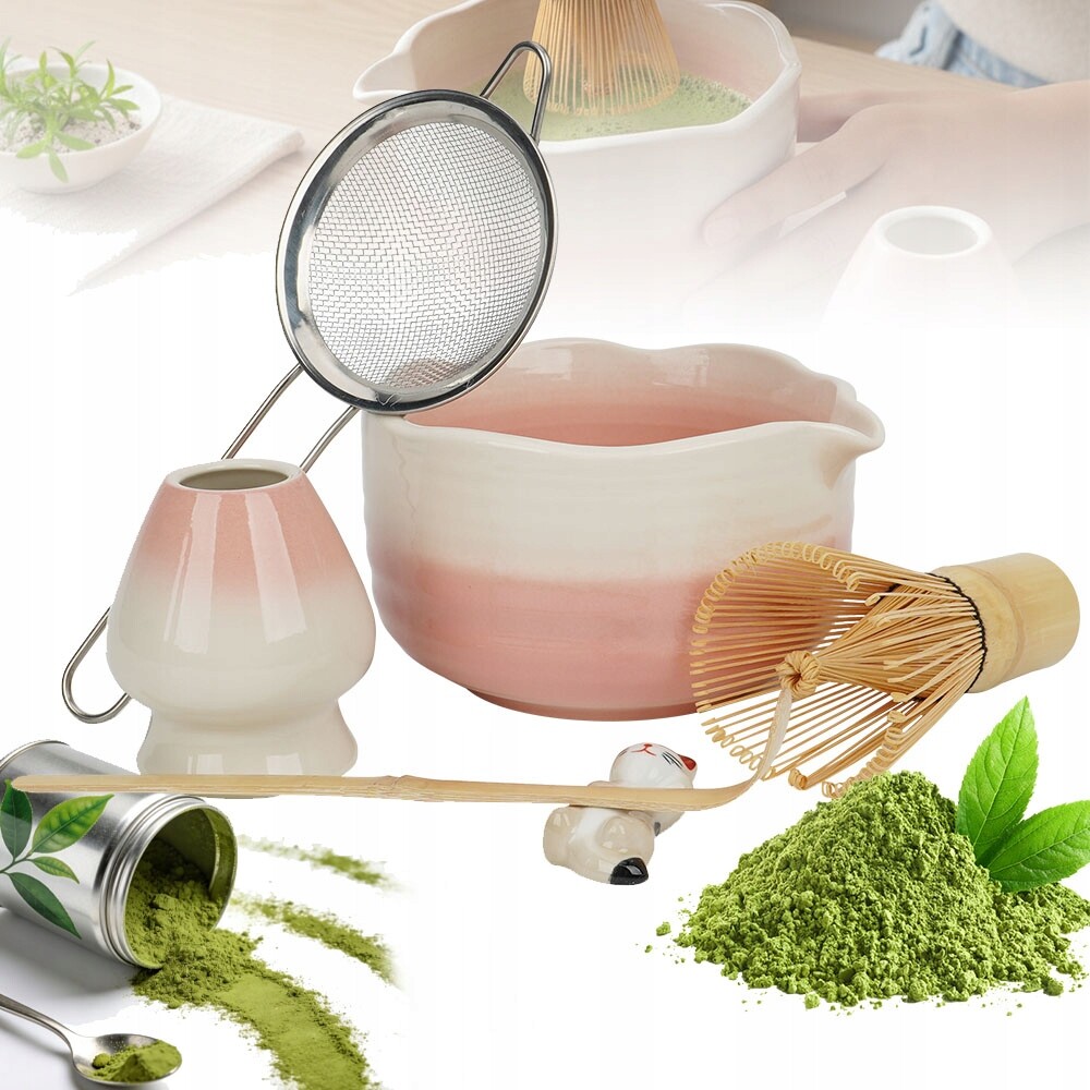Startovací Sada Pro Matchu 6 Dílků Keramika Růžová Lžička Chasen Sítko