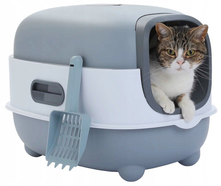 Toaleta pro kočky Velká Uv Uzavřená toaleta na stelivo šedá Lopatka 54 cm HT01