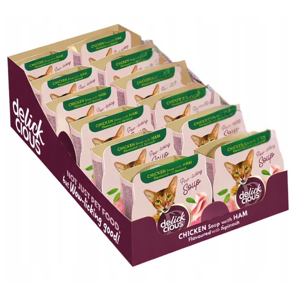 Delickcious Krmivo pro dospělé kočky s kuřecím a šunkou a špenátem 12x80g