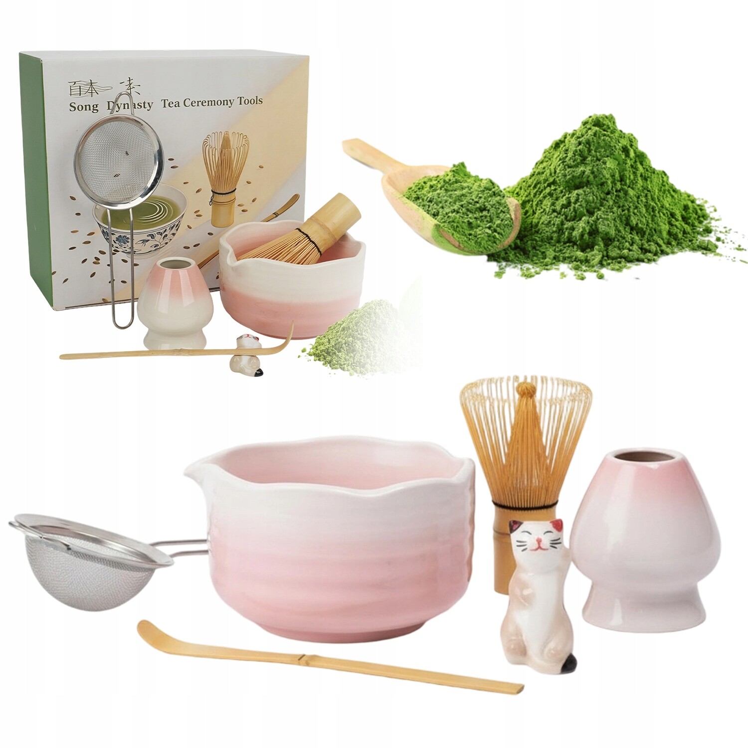 Sada Na Vaření Matchy 6 Ks. Růžová S Miskou, Šlehacím Sítkem A Držákem