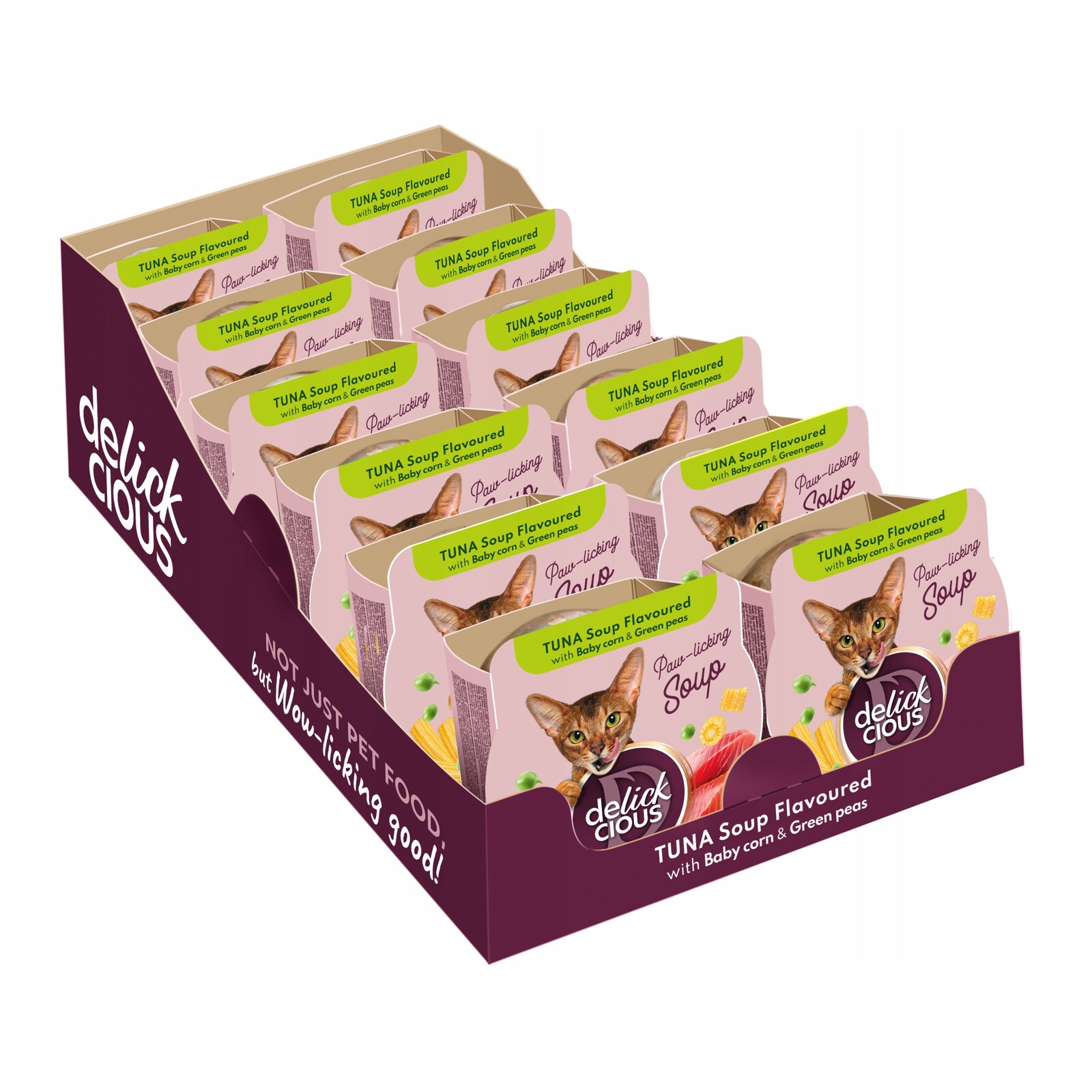 Delickcious Cat Adult Soup Tuňák s Kukuřicí a Hráškem 12x80g