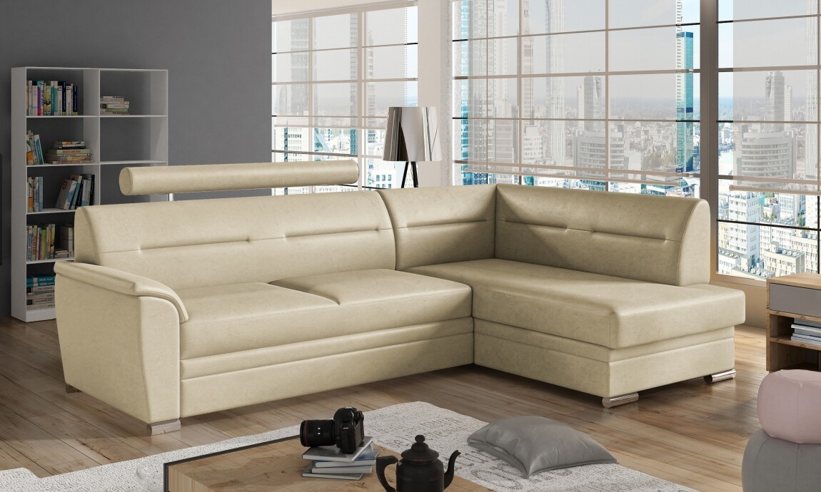 Rohová sedačka NEJBY WILUNA se záhlavníkem, pravá, béžová ekokůže