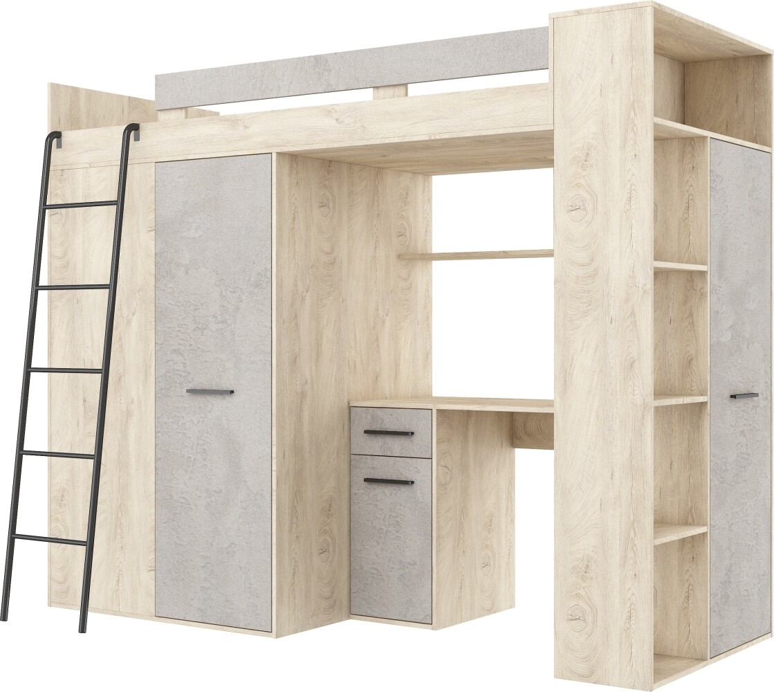Multifunkční patrová postel DIRARO, levá, dub endgrain/beton šedý, 5 let záruka